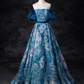 Elegant Blue Floral Satin Sweet 16 Quinceanera A-Line Off-the-shoulder Evening Dress Floor Length Ball Gown DP6922