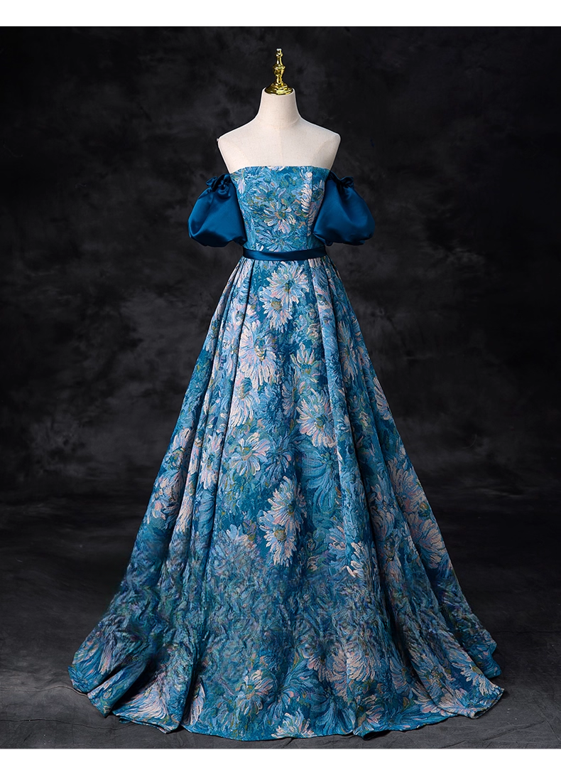 Elegant Blue Floral Satin Sweet 16 Quinceanera A-Line Off-the-shoulder Evening Dress Floor Length Ball Gown DP6922