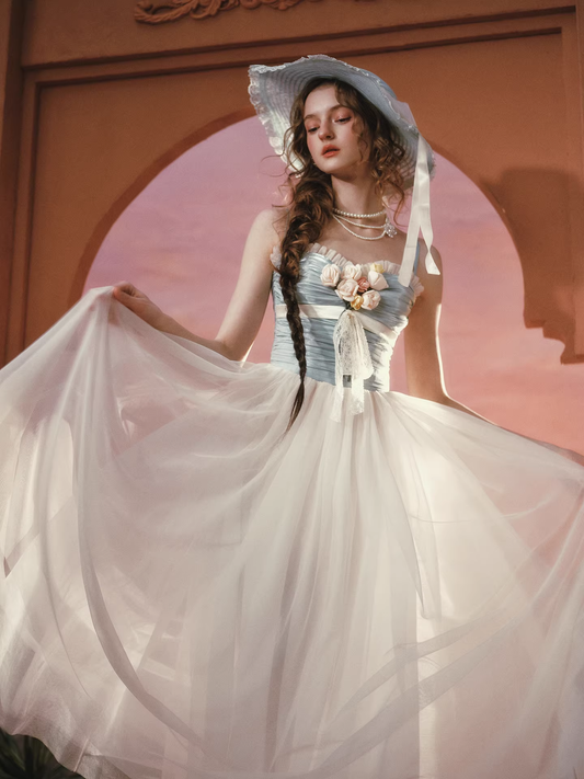 Vintage Dusty Blue & Ivory Bridesmaid Dress Spaghetti Strap Tulle Tea-Length Evening Gown DP7999