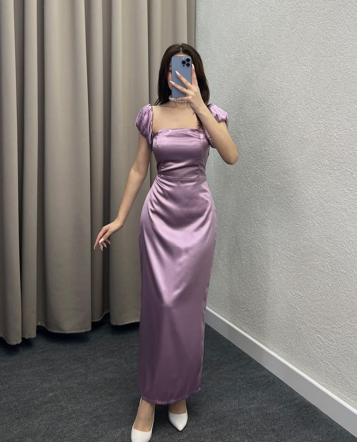 Elegant Satin Square Neck Evening Gown Puff Sleeve Ruched Sheath Weddi – DSProm Elegant Satin Square Neck Evening Gown Puff Sleeve Ruched Sheath Weddi – DSProm