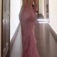 Stunning Blush Pink Sequin Mermaid Prom Gown with Feather Trim & High Slit DP8029