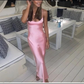 Pink Spaghetti Straps Satin Long Party Dress Wedding Guest Dress, DP3385