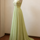 Glamorous Sage Green Lace V-Neck Chiffon A-Line Long Evening Dress DP8379