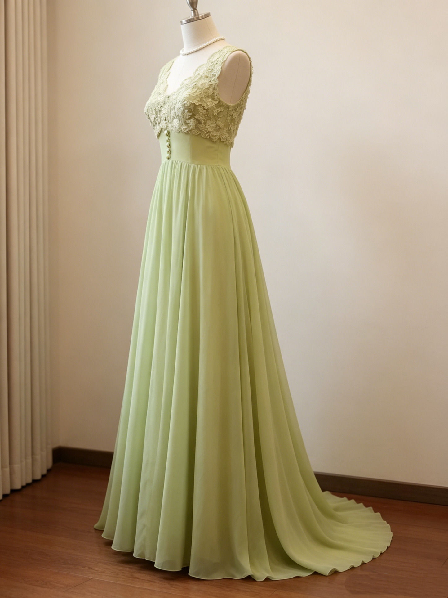 Glamorous Sage Green Lace V-Neck Chiffon A-Line Long Evening Dress DP8379