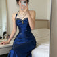Vintage Satin Halter- Neck Sweetheart Evening Gown Beaded Ruched Mermaid Prom Dress DP7764