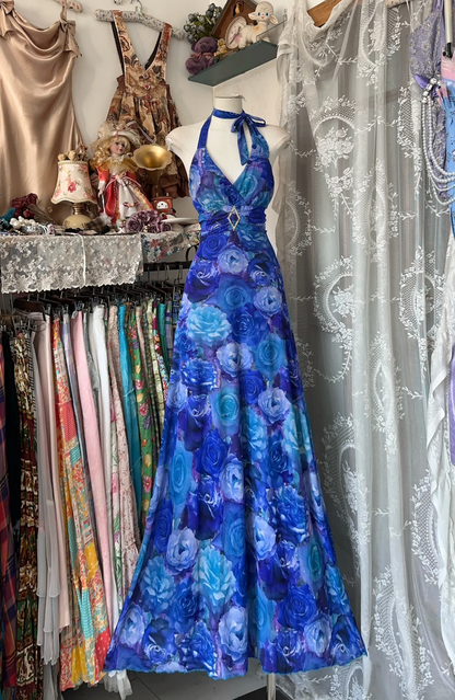 Vintage Navy Blue Floral V-neck Halter Dress Elegant A-Line Long Evening Dress Prom Dresses DP6214