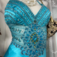 Vintage Turquoise Satin Mermaid Evening Dress Beaded High Slit Prom Dress DP8326