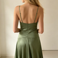 Elegant Sage Green Satin Spaghetti Strap Pleated Wedding Guest Cocktail Party Prom Dress DP8655