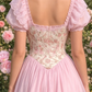 Vintage Pink Floral Square Neck Puffy Sleeve A-Line Homecoming Dress DP8543