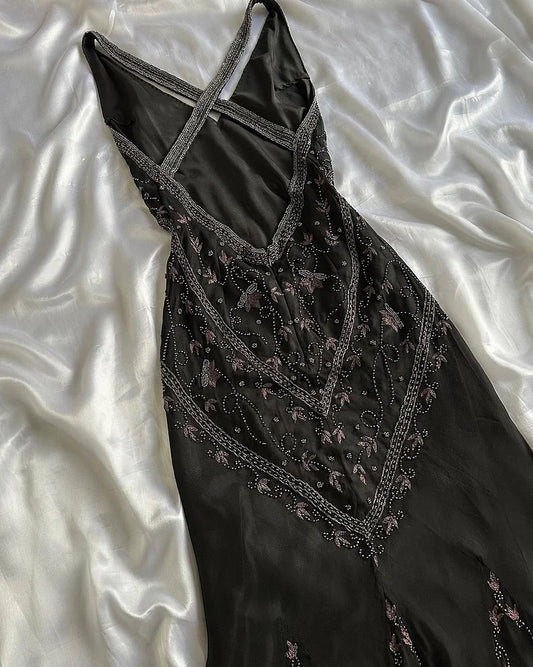 Robe de bal longue et élégante à col en V et perles brillantes, robe fourreau brodée, robe de soirée formelle DP6662