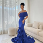 Robe de bal sirène vintage bleu roi à épaules dénudées avec traîne florale 3D DP8409