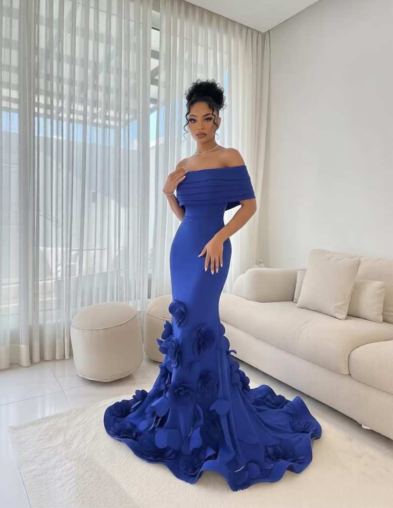 Robe de bal sirène vintage bleu roi à épaules dénudées avec traîne florale 3D DP8409