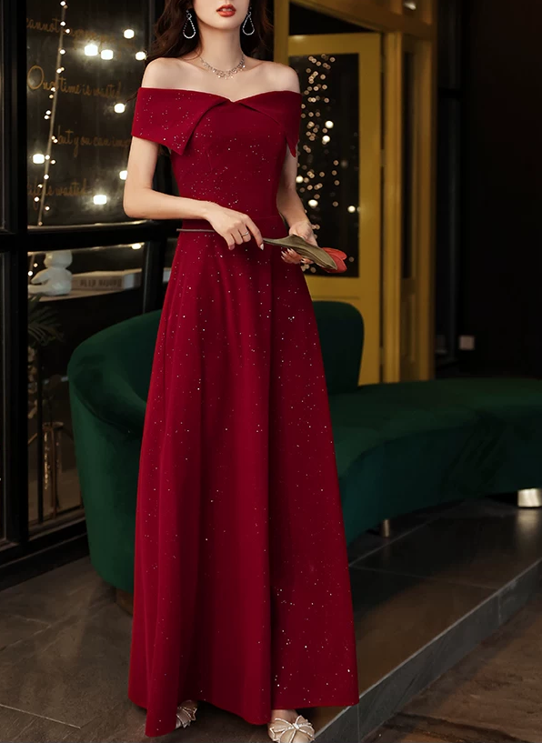Elegant Burgundy Off-the-Shoulder Sparkly Long Evening Dress A-Line Floor Length Prom Dress DP8827