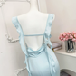 Vintage Light Blue Satin Cowl Neck Mermaid Ruffle Spaghetti Straps Ruched Prom Dress DP8569