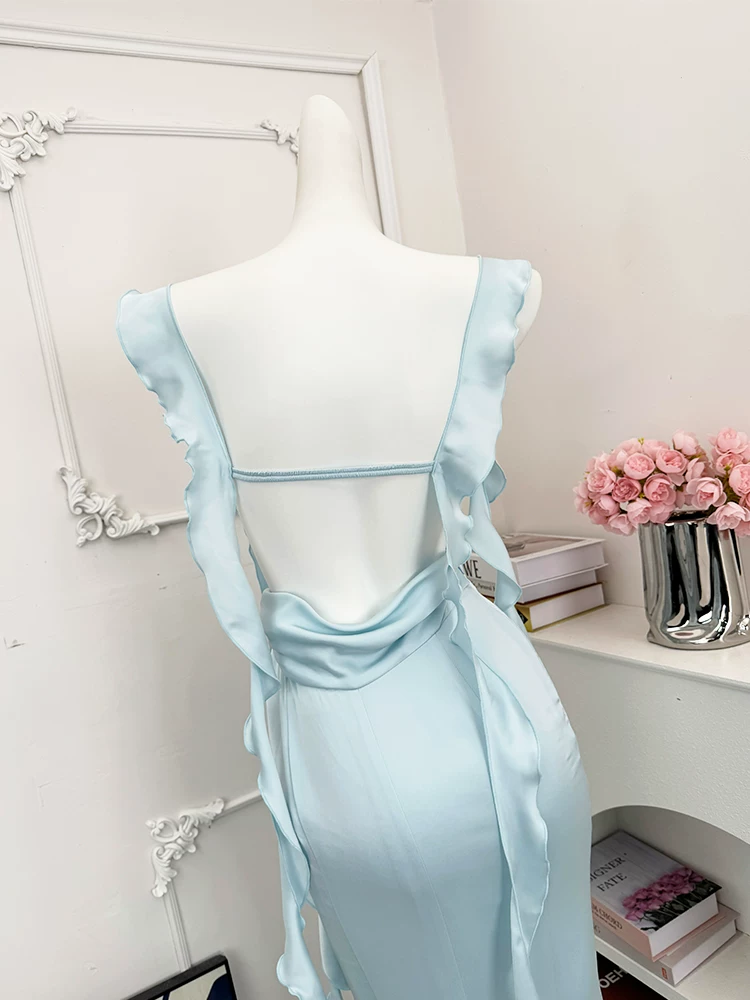Vintage Light Blue Satin Cowl Neck Mermaid Ruffle Spaghetti Straps Ruched Prom Dress DP8569