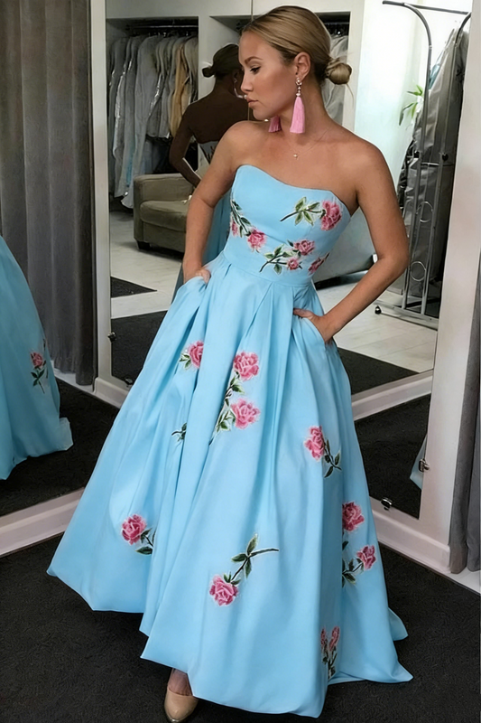 Elegant Strapless Floral Embroidered Formal Evening Gown with Pockets DS4581
