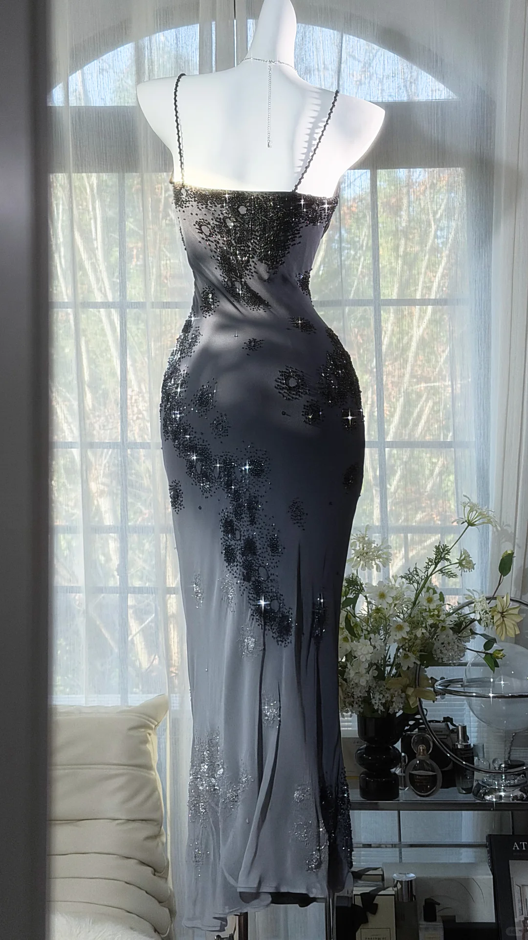 Glamorous Black Beaded Mermaid Prom Gown Spaghetti Strap Ruched Evening Dress DP8128
