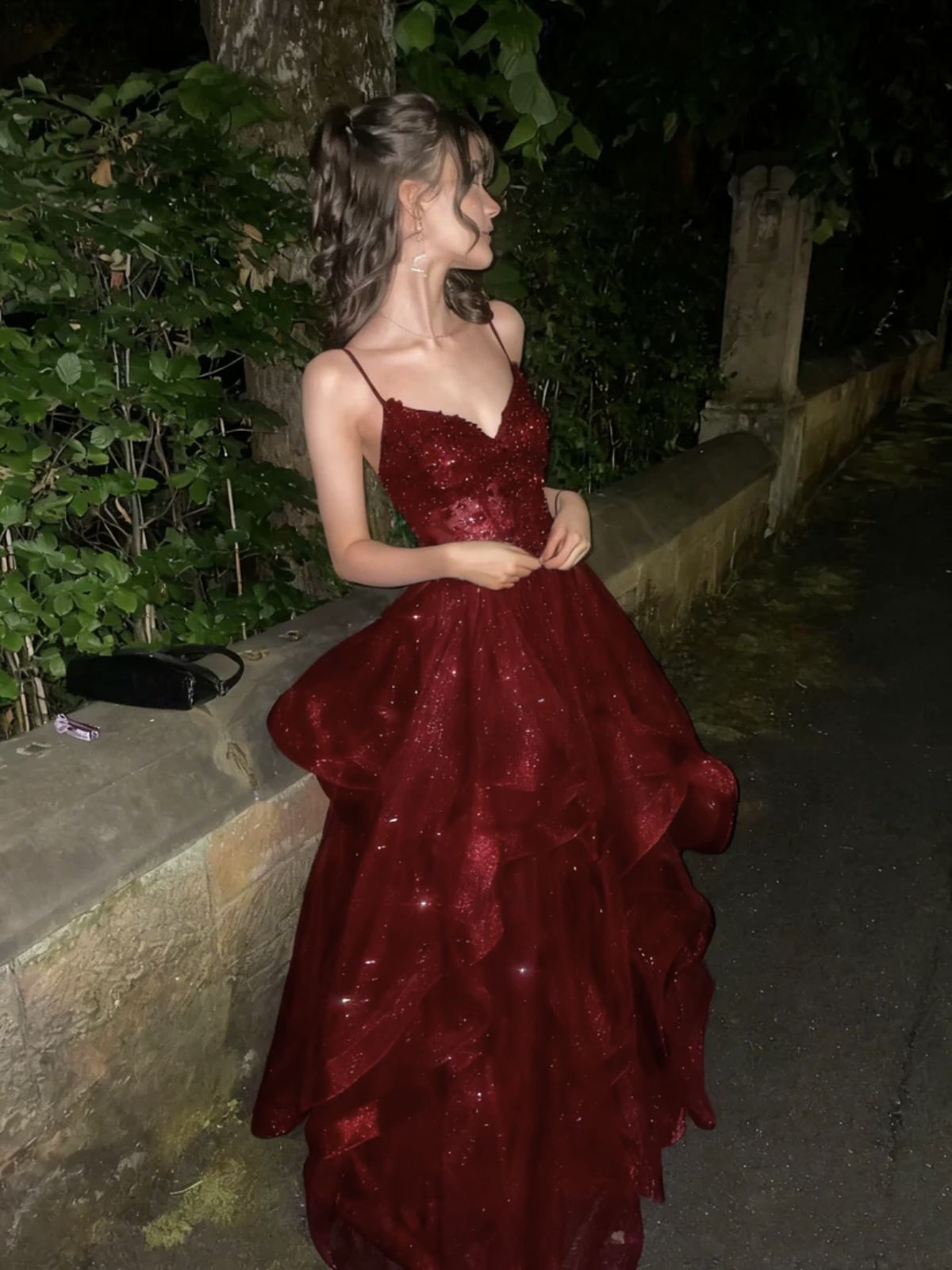 Glamorous Burgundy Spaghetti Strap Sequin Ruffled Sweet 15 Quinceanera Ball Gown DP7919