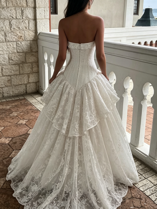 Romantic Strapless Corset Tiered Lace Floral A-Line Wedding Dress DP8617