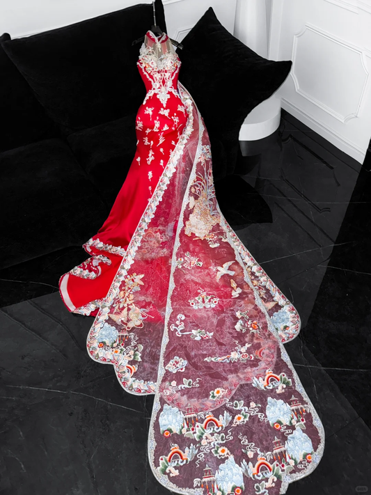 Wunderschönes funkelndes rotes Perlen-Pailletten-Stickmuster, elegantes Meerjungfrau-Abschlussballkleid, Abendkleid DP6233
