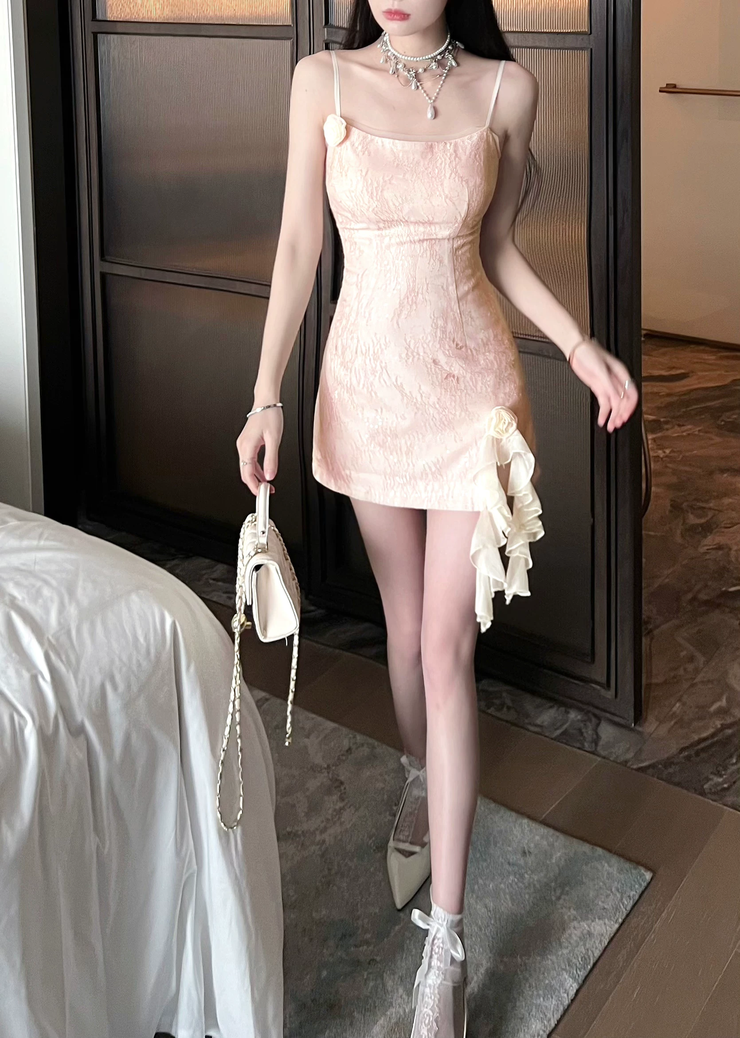 Elegant Light Blue Jacquard Spaghetti Strap 3D Floral Ruffle Homecoming Dress DP8817