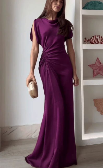 Elegant Plum Purple Draped Cowl Neck Satin Ruched Prom Dress DP8631