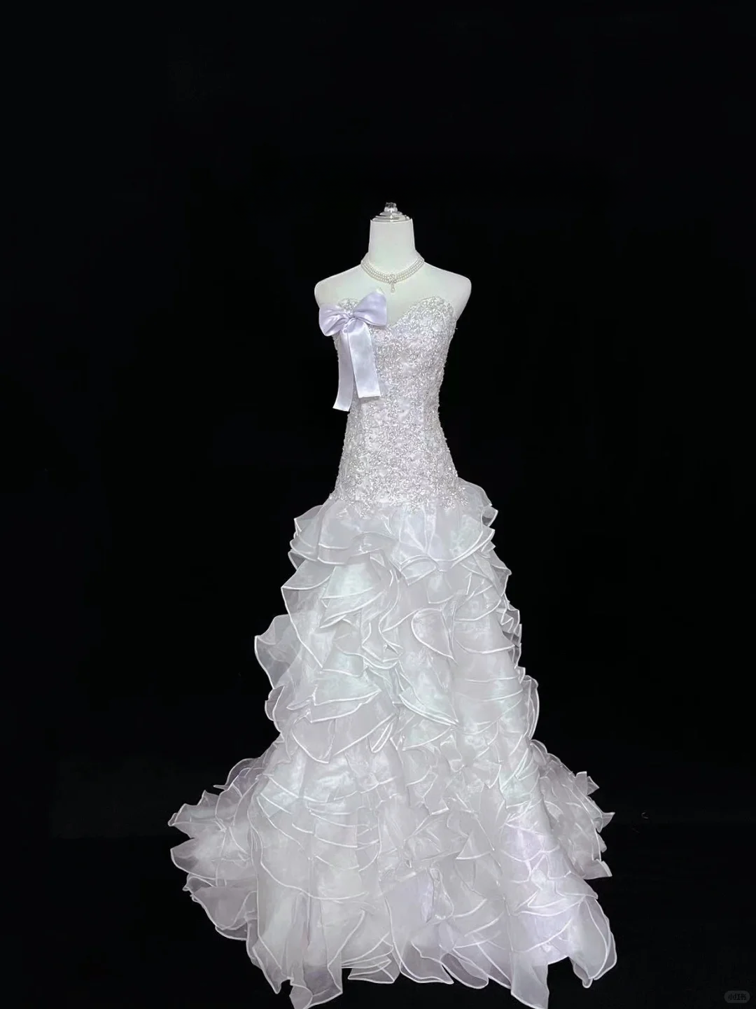 Elegant Lilac Strapless Mermaid Beaded Ruffled Tulle One-Shoulder Bow Evening Gown DP7368