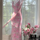 Vintage Pink Lace Applique V-neck Mermaid Prom Dress Evening Dress DP6359