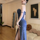 Vintage Marineblau Glänzende Pailletten Liebsten Spaghetti Strap Etuikleid Hoher Schlitz Lange Sommerkleider Ballkleid Abendkleid DP6389