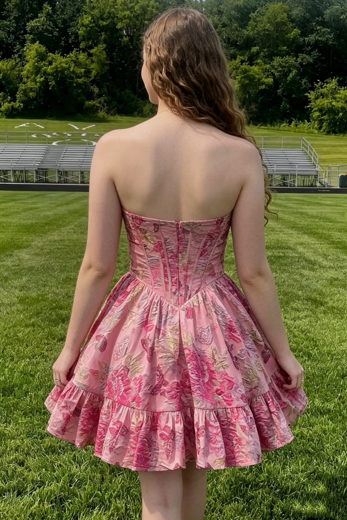 Vintage Pink Strapless Sweetheart Ruffle Floral A-Line Homecoming Dress DP8544