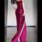 Elegant Fuchsia Sequin Sheath V-Neck High Slit Spaghetti Strap Evening Gown DP7244