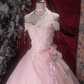 Elegant Pink Off-the-Shoulder Ball Gown Beaded Lace & Tulle Floral Bow Sash Prom Dress DP8352