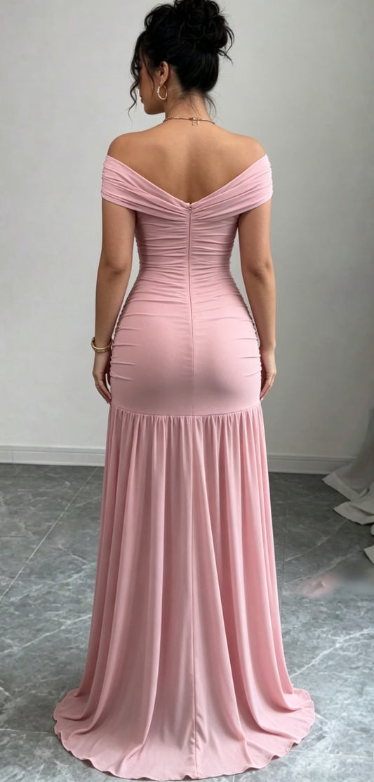 Elegant Pink Cross Off Shoulder Ruched Evening Gown Party Dress DP8582