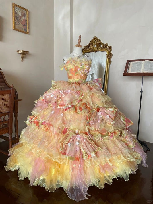 Robe de bal trapue en organza, multicolore pastel, à volants et plusieurs niveaux – Robe de princesse sans bretelles, embellie de fleurs, pour Quinceañera DP7007