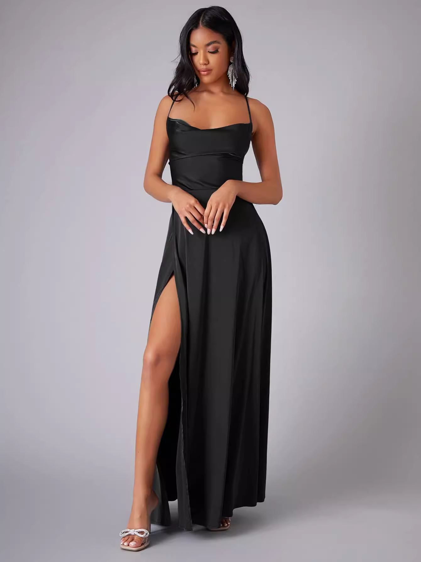 Dreamy Sage Satin Cowl Neck Spaghetti Strap Evening Dress Prom Dress with High Slit DP8139