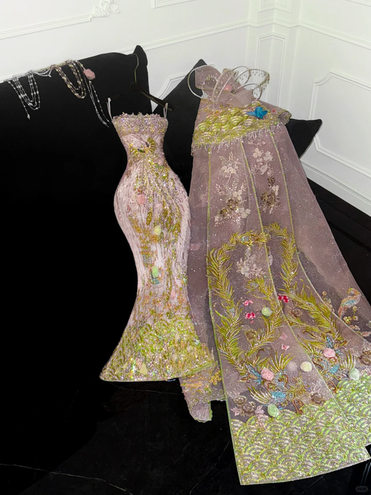 Gorgeous Sparkling Pink Beaded Applique Mermaid Design Exquisite Embroidery Evening Dress Prom Dresses DP6174