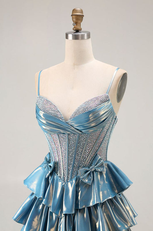 Vintage Metallic Blue Spaghetti Strap Prom Dress Rhinestone Corset Tiered Ruffle Evening Gown DP7136