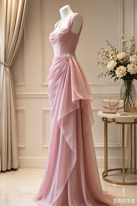Elegant Pink Draped Chiffon Evening Gown Mermaid Beaded Prom Dress DP8484