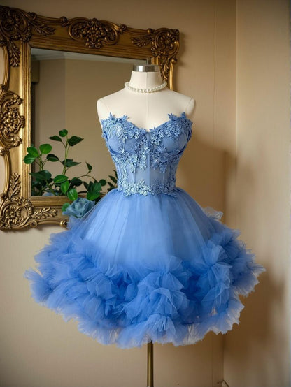 Vintage Light Blue Strapless Sweetheart Lace Tulle A-Line Homecoming Dress DP8547