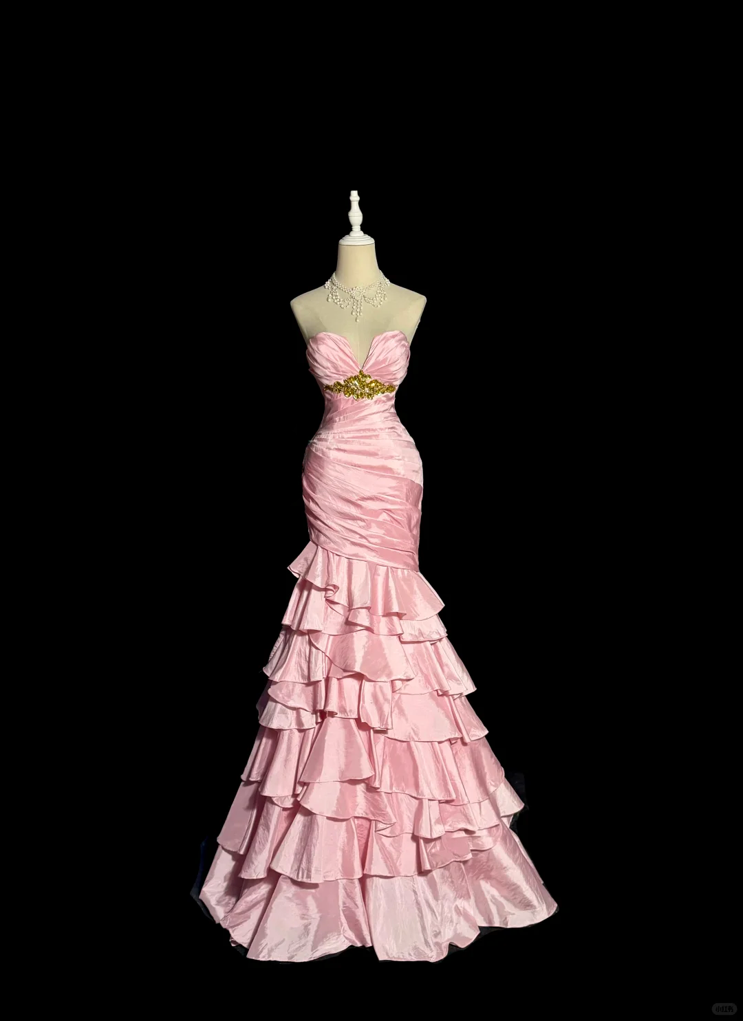 Vintage Pink Satin Sweetheart Neckline Beaded Mermaid Ruffled Tiered Evening Gown DP7353