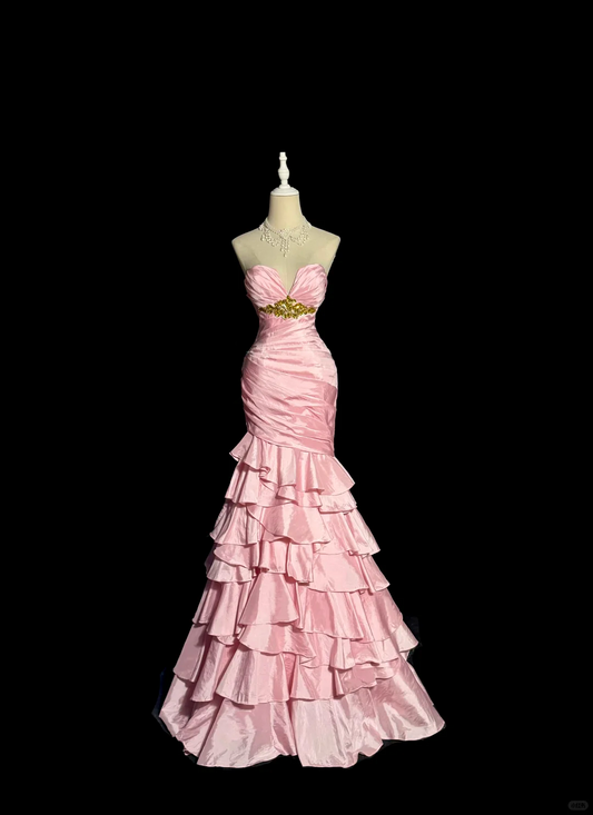 Vintage Pink Satin Sweetheart Neckline Beaded Mermaid Ruffled Tiered Evening Gown DP7353