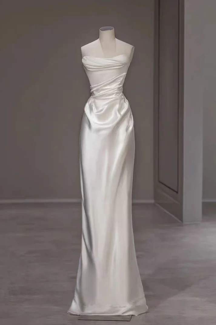 White Satin Pleats Straps Wedding Dress Elegant Party Dress, DP2827