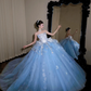 Elegant Light Blue Strapless Corset Star & Moon Sequins Sweet 15 Quinceanera Ball Gown DP8311