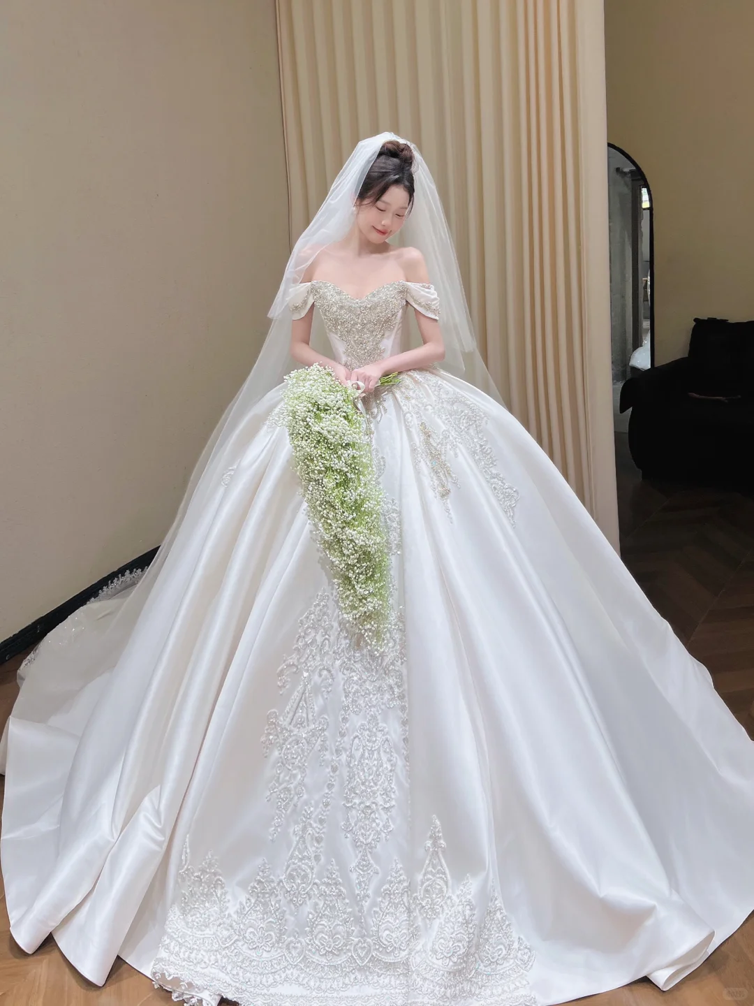 Glamorous Satin Beaded Off-Shoulder Wedding Dress A-Line Applique Bridal Gown DP7124