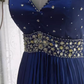 Vintage Navy Blue Halter-Neck Evening Gown Beaded Bodice Pleated Satin Floor-Length Prom Dress DP7608