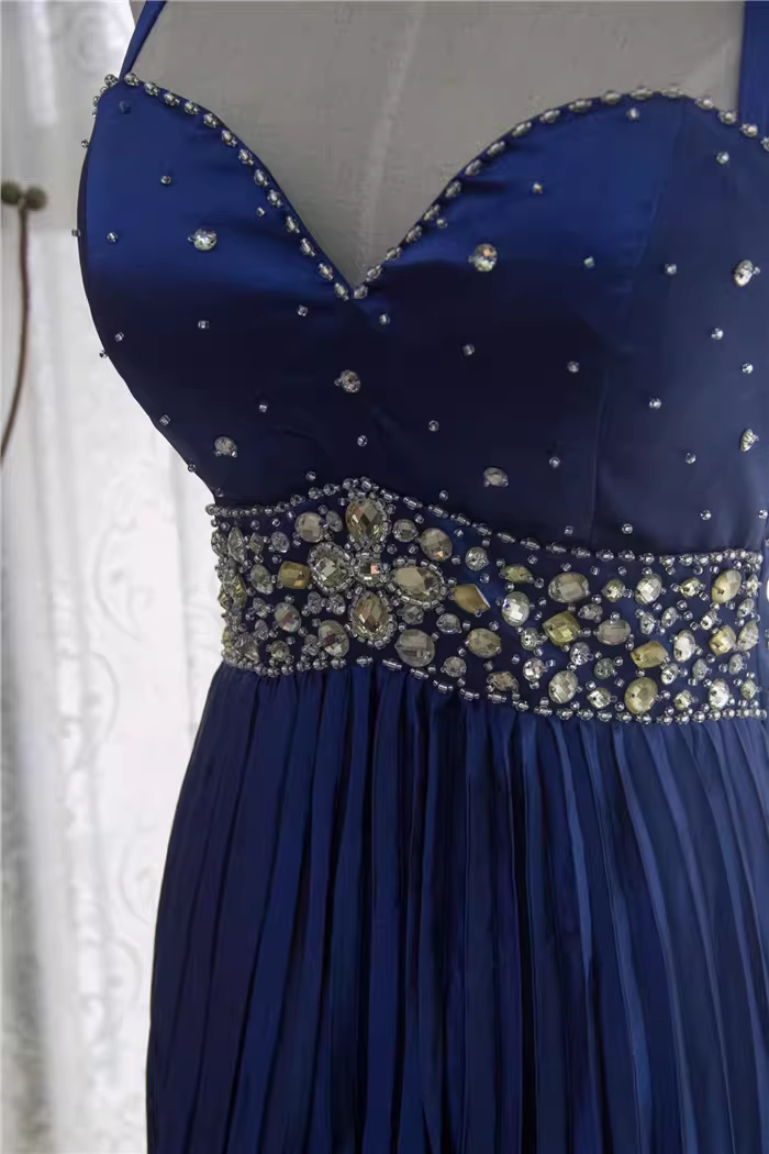 Vintage Navy Blue Halter-Neck Evening Gown Beaded Bodice Pleated Satin Floor-Length Prom Dress DP7608