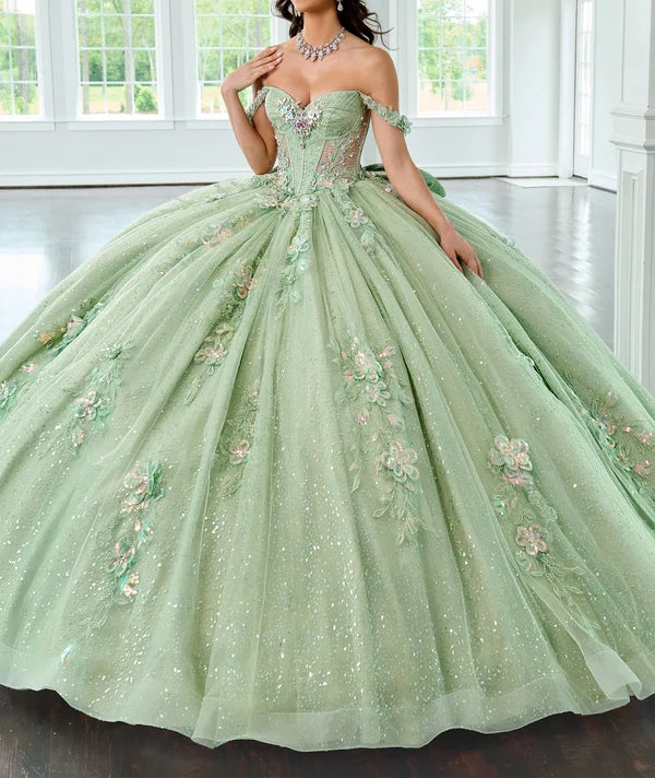 Elegant Off-the-Shoulder 3D Floral Applique Glitter Tulle Sweet 15 Quinceanera Ball Gown DP8174