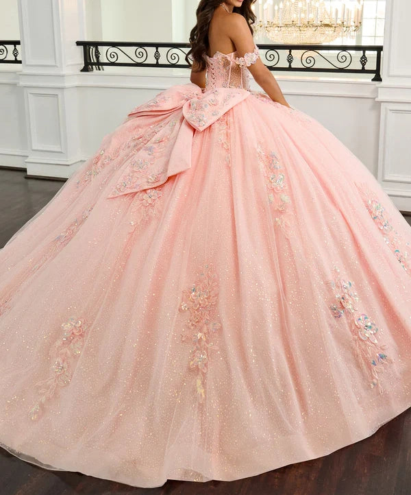 Elegant Off-the-Shoulder 3D Floral Applique Glitter Tulle Sweet 15 Quinceanera Ball Gown DP8174