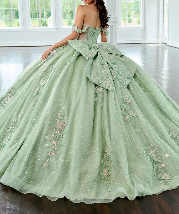 Elegant Off-the-Shoulder 3D Floral Applique Glitter Tulle Sweet 15 Quinceanera Ball Gown DP8174