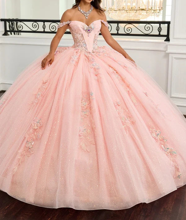 Elegant Off-the-Shoulder 3D Floral Applique Glitter Tulle Sweet 15 Quinceanera Ball Gown DP8174